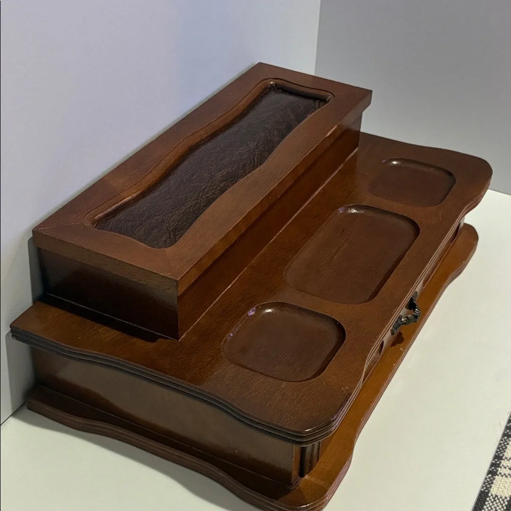 MCM Vintage Wood And Leather Two Tier Jewelry Box Velvet Lined